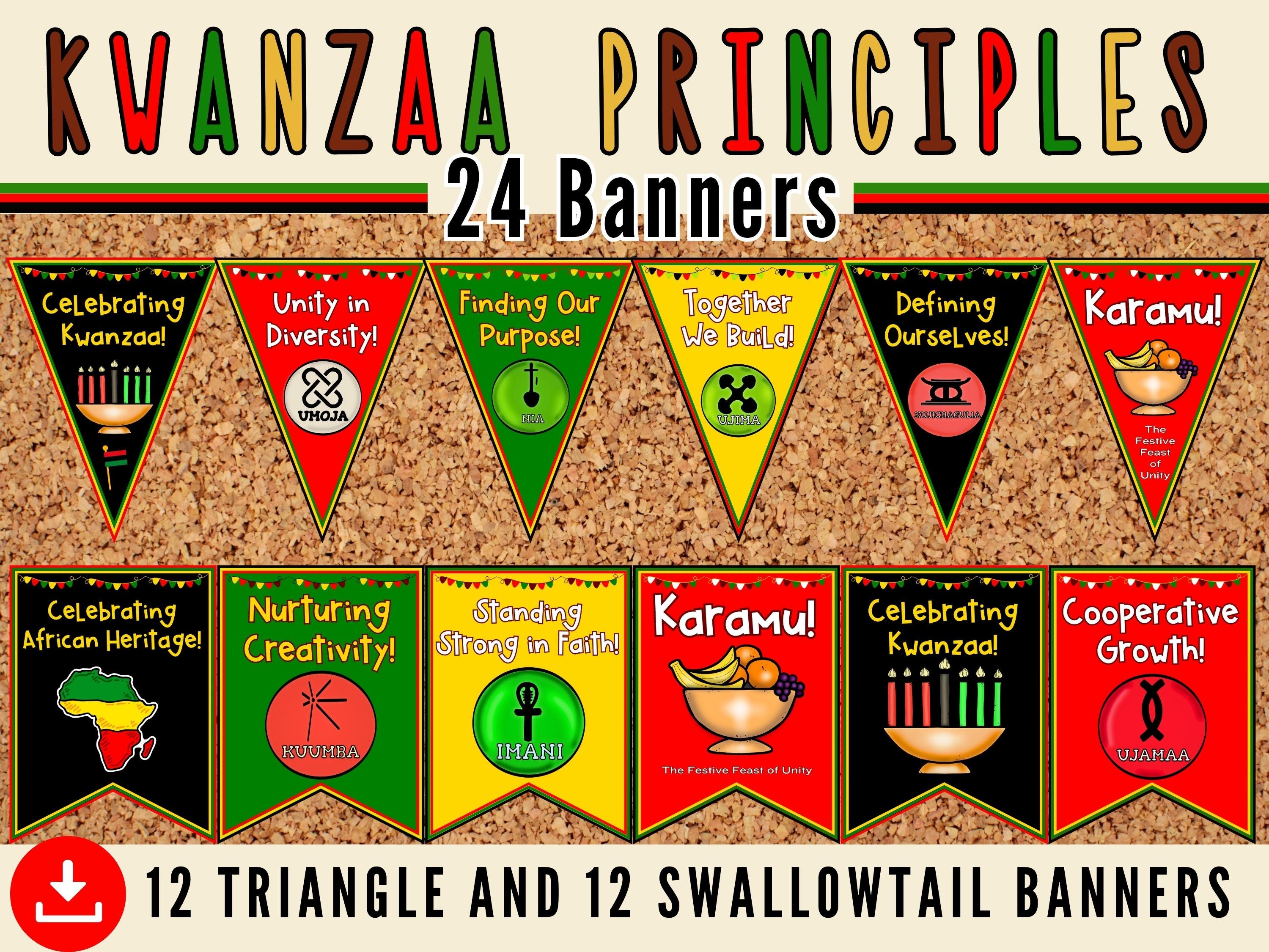 Celebrate Kwanzaa Banners - Kwanzaa Principles Pennants Set of 24 - December Classroom Decor ...