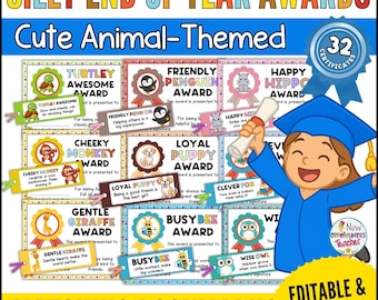 Cute Animal-Themed Silly End of Year Student Awards Editable Canva Template and PowerPoint, Graduation Certificates & Matching Bookmarks