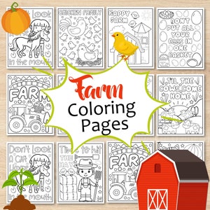 May include: A set of 10 black and white coloring pages featuring farm animals, tractors, and other farm-related imagery. The pages include phrases like "Don't put all your eggs in one basket" and "Til the cows come home".