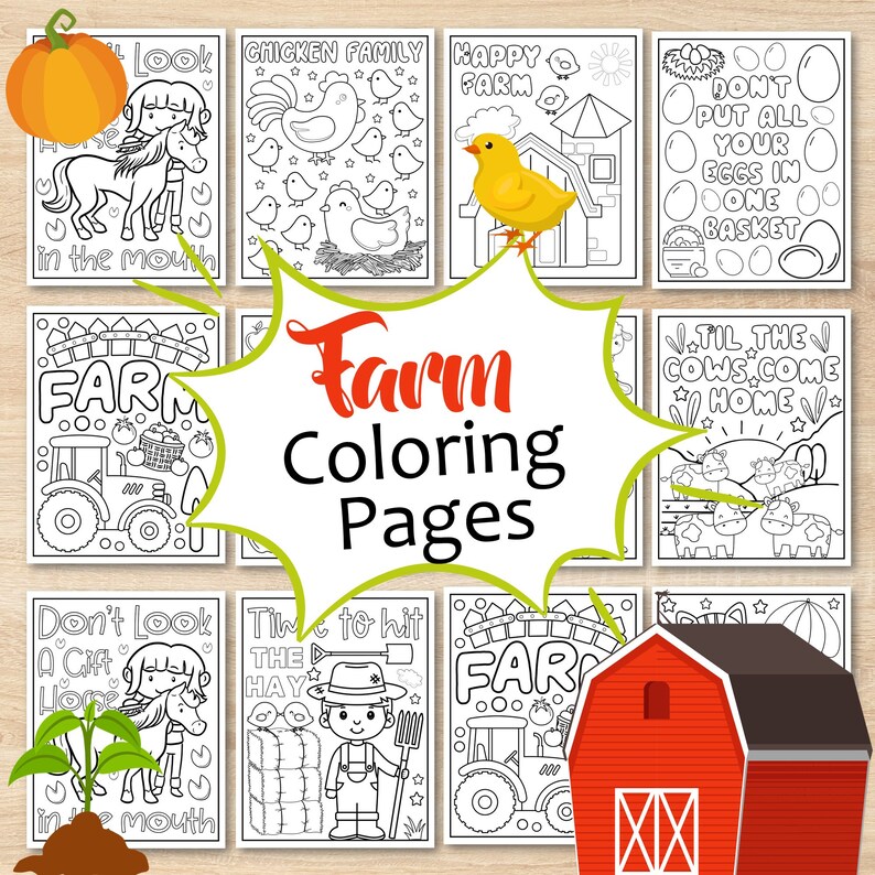 May include: A set of 10 black and white coloring pages featuring farm animals, tractors, and other farm-related imagery. The pages include phrases like "Don't put all your eggs in one basket" and "Til the cows come home".