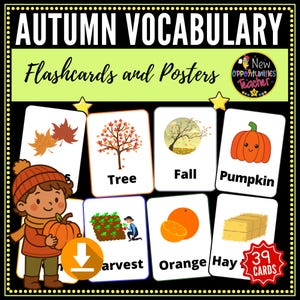 Puede incluir: Tarjetas didácticas y carteles de vocabulario de otoño. Las tarjetas presentan ilustraciones de elementos temáticos de otoño, como hojas, árboles, calabazas y pacas de heno. El conjunto incluye 39 tarjetas, ideal para fines educativos.