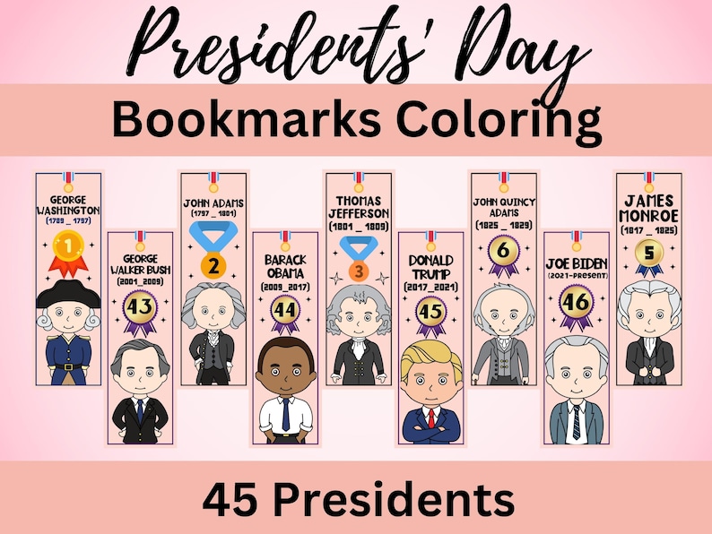 Presidents' Day Digital Bookmarks US Presidents Bookmarks Printable ...