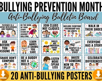 National Bullying Prevention Month Bulletin Board Set - 20 Anti-Bullying Posters - Cyberbullying Awareness Classroom Decor