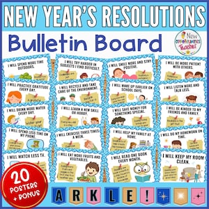 Kit bacheca dei buoni propositi per il nuovo anno, decorazioni per l'aula di Capodanno 2025, poster e striscioni dei buoni propositi per il nuovo anno, download digitale