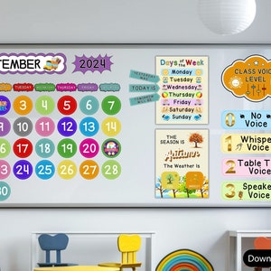 Kalenderweergave en weerstation in de klas, bulletinboardset voor kalender, bulletinboardkit terug naar school, labels dagelijkse weerkaart
