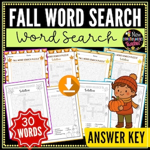 May include: A collection of fall-themed word search puzzles with the text "Fall Word Search" and "Word Search." The image includes a cartoon illustration of a child holding a pumpkin, and the words "Answer Key" are visible.