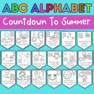 ABC Countdown To Summer Bulletin Board Coloring Pages  | Alphabet Countdown Pennants | End of Year classroom decor | Summer Activities