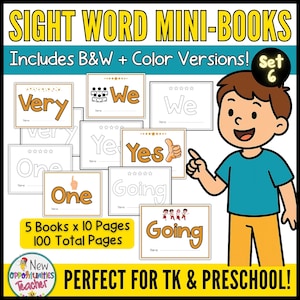 May include: Set of 6 sight word mini-books for preschoolers. Each book has 10 pages and features a different sight word, including "very", "we", "yes", "one", and "going".