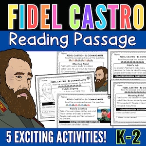 Fidel Castro Reading Comprehension Passages | Timeline | Vocabulary Worksheet | Word Search | Hispanic Heritage Month k-2 Grades