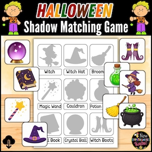 May include: A Halloween Shadow Matching Game printable activity sheet featuring a central grid with silhouettes of a witch, hat, broom, wand, cauldron, potion, book, crystal ball, and boots, surrounded by colorful matching icons and text labels.