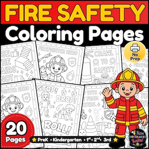 May include: A collection of 20 fire safety colouring pages featuring black and white line art illustrations of firefighters, safety equipment, and instructional text like Stop, Drop, and Roll. A colourful cartoon firefighter stands on the right.
