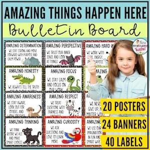 Amazing Things Happen Here Bulletin Board Kit, Jungle Animal Theme Posters, Banners, and Labels, Back To School Classroom Door Decor