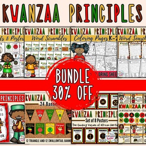 Kwanzaa Principles Activities & Bulletin Board Set BUNDLE - Word Search, Word Scramble, Workbook, Posters, Flashcards, Banners, and More!