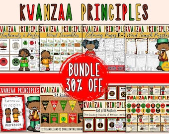 May include: A bundle of Kwanzaa educational resources for kids, including flashcards, posters, word scrambles, coloring pages, word search puzzles, and banners. The bundle is 30% off.
