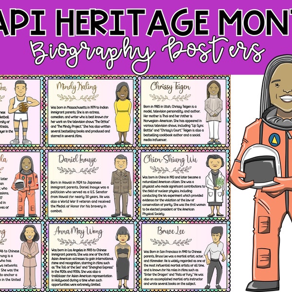 Printable Asian American & Pacific Islander Heritage Month Biography Bulletin Board Pack | AAPI Heritage Month Posters | Classroom Posters