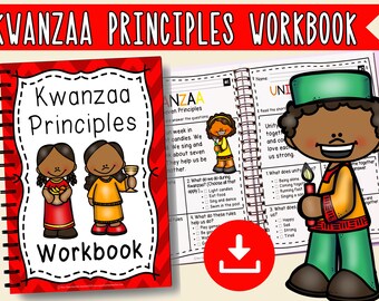 May include: A colorful workbook with the title "Kwanzaa Principles Workbook" and illustrations of children celebrating Kwanzaa. The workbook includes activities and questions about the seven principles of Kwanzaa.