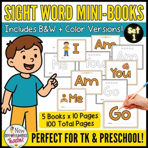 Könnte beinhalten: Satz von fünf Mini-Büchern für Vorschulkinder mit Sehwörtern wie "I", "Am", "You", "Me" und "Go". Jedes Buch hat 10 Seiten, insgesamt 100 Seiten. Die Bücher sind in Schwarzweiß und Farbe erhältlich.
