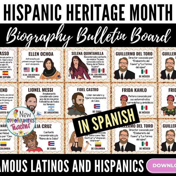 Hispanic Heritage Month Classroom Bulletin Board Set In Spanish - 40 Iconic Figures - Hispanic Heroes Posters Spanish Language
