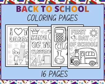 May include: Four black and white coloring pages with a back to school theme. The pages include images of a pencil, a crown, a calculator, a beaker, a school bus, and the text "I love to learn", "King of the Classroom", "Class", and "First Day of School!"