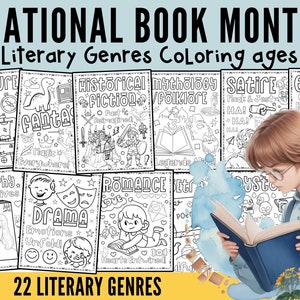 Kolorowanka National Book Month Adventure - Kolorowanki z gatunkami literackimi - Arkusze do kolorowania literatury - Arkusze do ćwiczeń z gatunkami literackimi