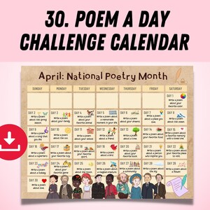 Poesia stampabile Sfida di un giorno Calendario di aprile 2023 / Mese della poesia nazionale Suggerimenti creativi / Proposte di poesia per bambini Download istantaneo