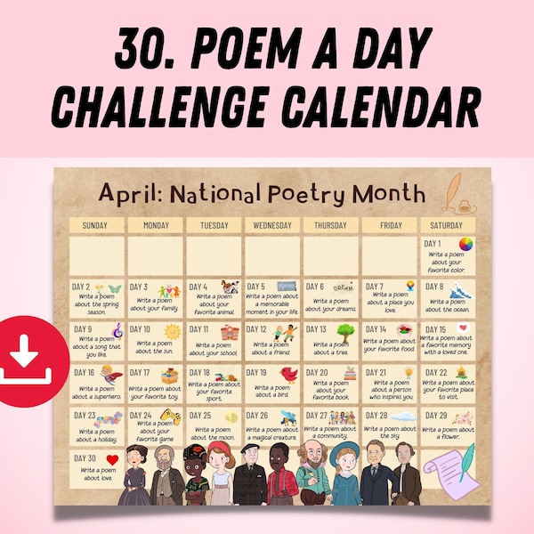 Printable Poem A Day Challenge April Calendar 2023 | National Poetry Month Creative Prompts | Poem Prompts For Kids Instant Download