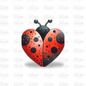 May include: A watercolor illustration of a ladybug with a heart-shaped body. The ladybug is red with black spots and a black head with antennae. The background has a repeating pattern of the word "Fanalu".