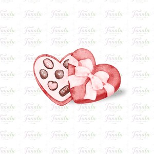 May include: Watercolor illustration of two heart-shaped boxes. One box is open, revealing chocolates. The other is closed and tied with a pink bow. The boxes are red with a white background.