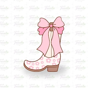 May include: A pink and white cowboy boot with a large pink bow. The boot features a floral pattern on the front and a brown heel. The word "Fanalu" is repeated in the background.