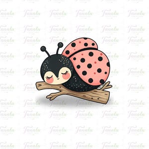 May include: A cute cartoon ladybug with a black head and body, pink wings with black spots, and closed eyes, resting on a brown branch. The ladybug is smiling. The background has a repeating pattern of the word "Fanalu Creations".