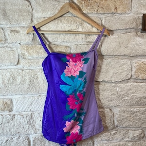 Retro one piece swim suit - 1970s swimwear - purple flowers Hawaiian print - skirt - size medium