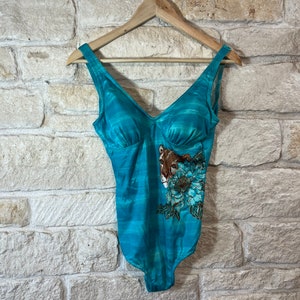 70s turquoise tiger one piece swimsuit - 1970s bathing suit - Union made - size large