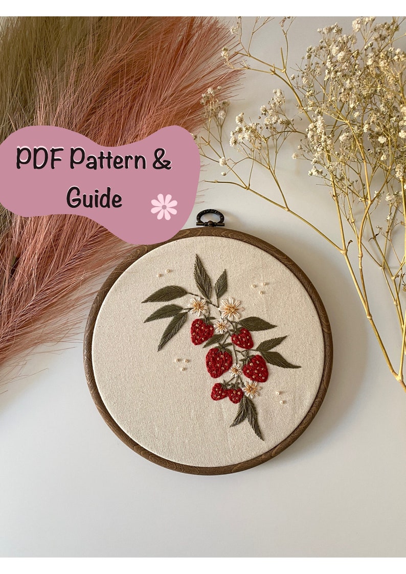 Strawberry Dream PDF, PDF instant download, Digital file, PDF embroidery pattern, Floral embroidery, Botanical embroidery, wall decor image 1