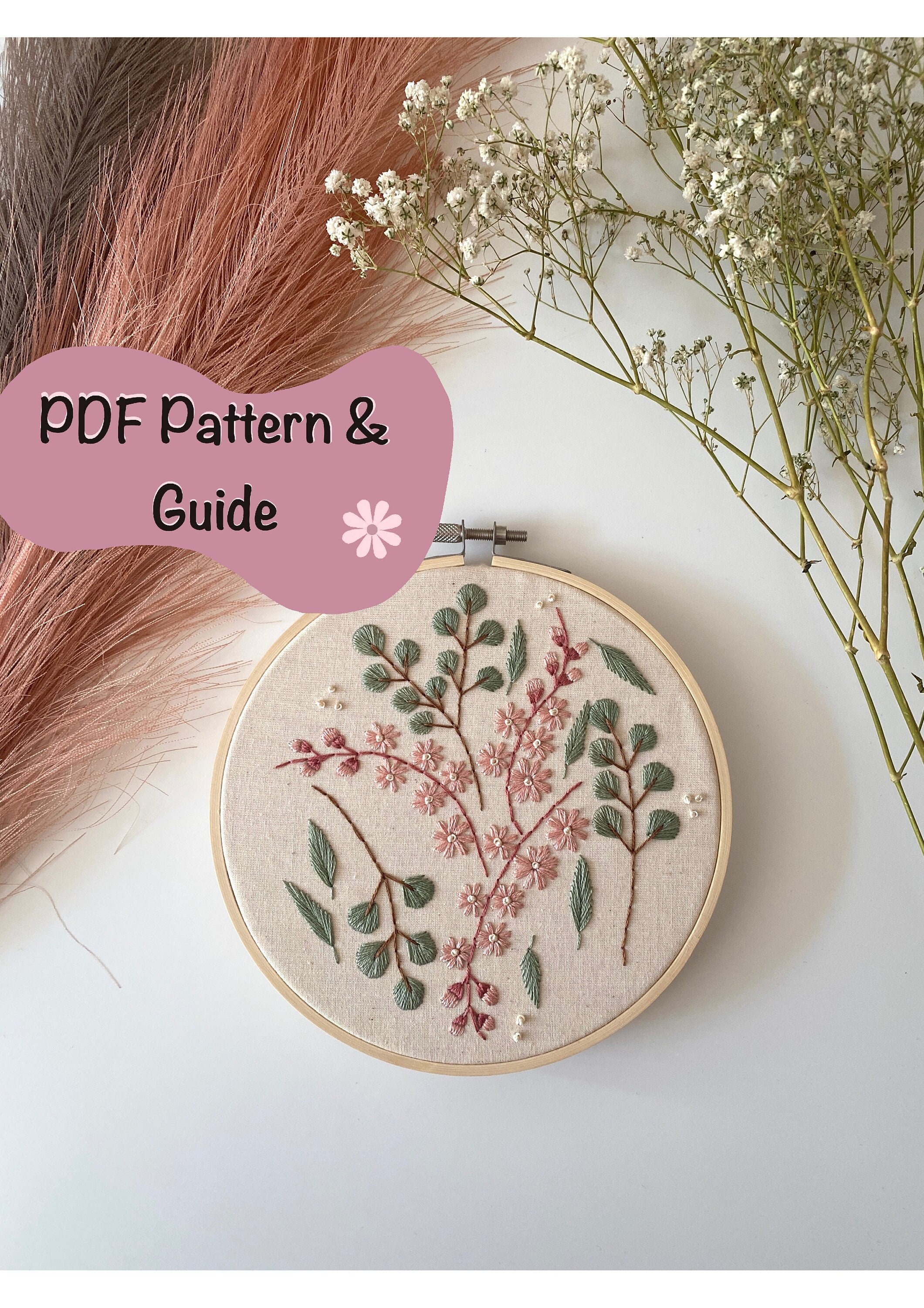 Floral Hand Embroidery Patterns, PDF Digital Download, 6 Size Hoop