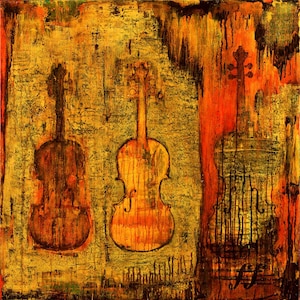 May include: A square painting featuring three violin silhouettes against a textured background of warm yellow, orange, and deep red tones. The artwork displays vertical paint drips and layered brushstrokes, with the instruments rendered in varying shades of dark brown and amber, creating a layered, abstract composition.