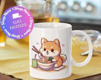 Shiba Inu Eating Ramen | Kawaii Shiba Inu Cartoon 11oz Mug