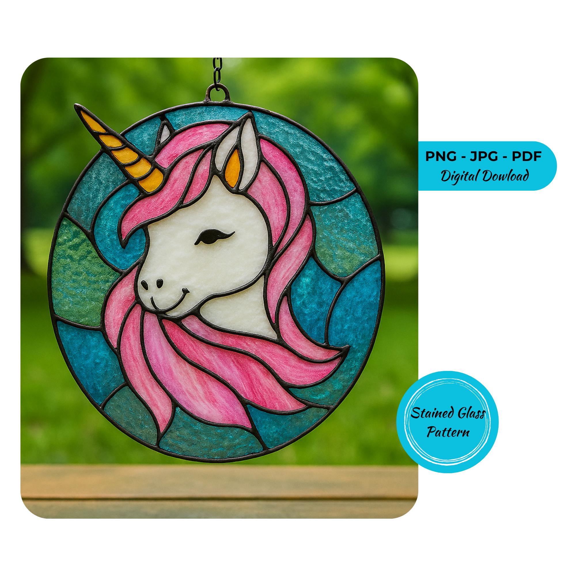 ユニコーンのステンドグラスパターン：ファンタジーサンキャッチャー