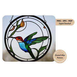 May include: A stained glass pattern of a hummingbird in flight with a flower and leaves. The pattern is in a circular frame and is ready to be made into a stained glass window or suncatcher. PNG - JPG - PDF Digital Download. Stained Glass Pattern.