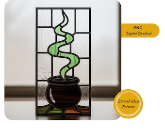 Puede incluir: Panel de vidrieras que representa un caldero negro con humo verde. El humo tiene un diseño ondulado. El panel está enmarcado en negro y es rectangular. Los textos "PNG Digital Download" y "Stained Glass Pattern" son visibles.