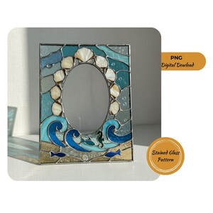 May include: Stained glass picture frame with an oval aperture. The frame features a sea-themed design with blue, teal, and beige colours. The design includes seashells, waves, and fish. The text "PNG Digital Dowload" and "Stained Glass Pattern" are visible.