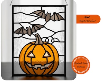 Pumpkin and Bat Stained Glass Pattern: Halloween Jack-O'-Lantern Suncatcher (PNG)