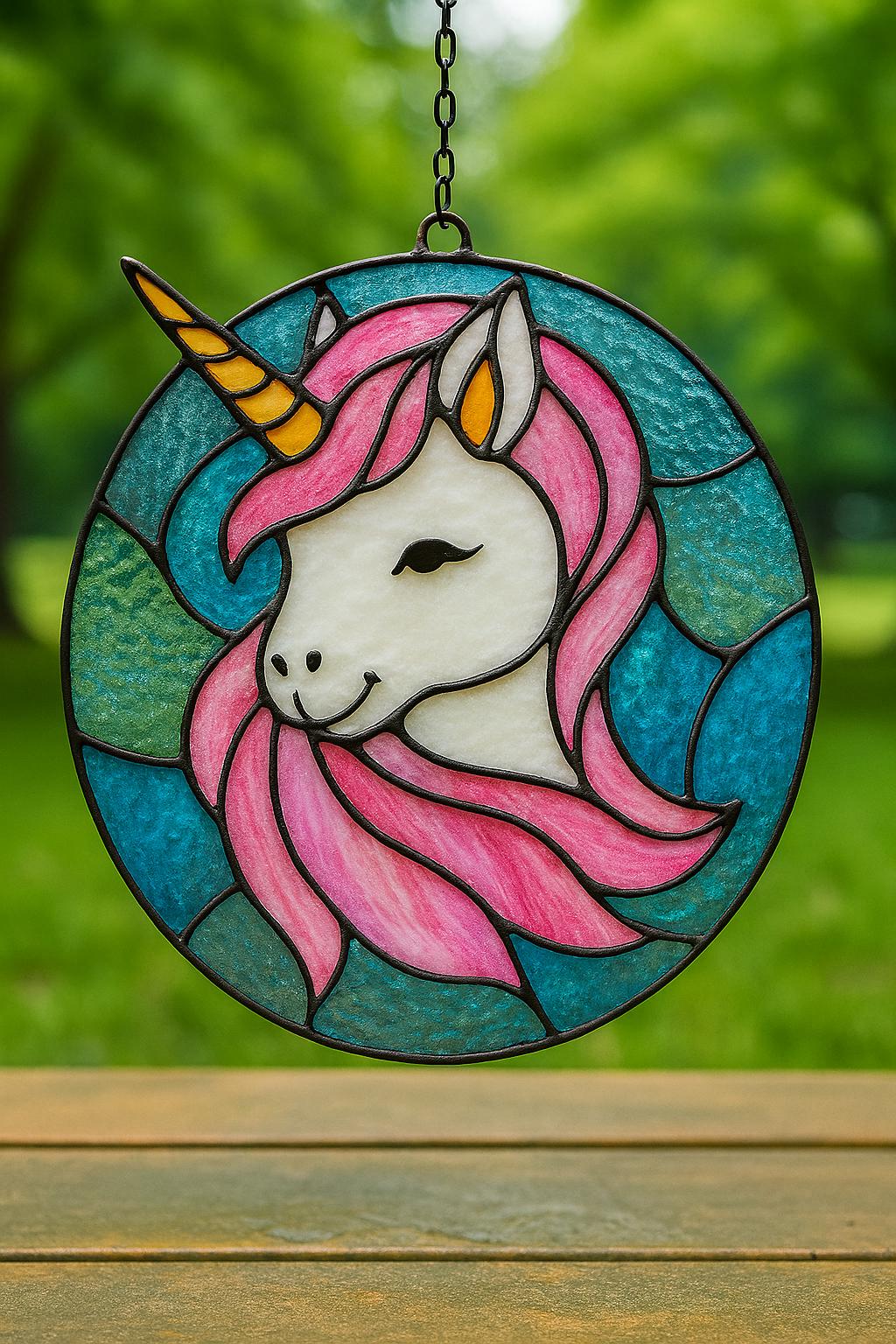 ユニコーンのステンドグラスパターン：ファンタジーサンキャッチャー