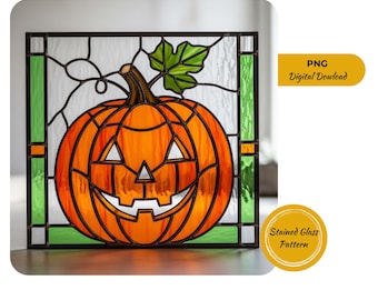 Pumpkin Stained Glass Pattern: Halloween Jack-O'-Lantern Suncatcher (PNG)
