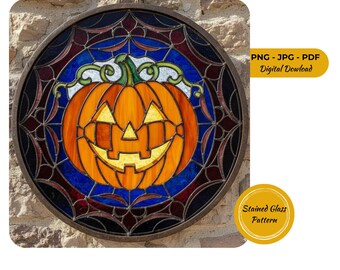 Pumpkin Stained Glass Pattern: Halloween Jack-O'-Lantern Suncatcher (PNG)