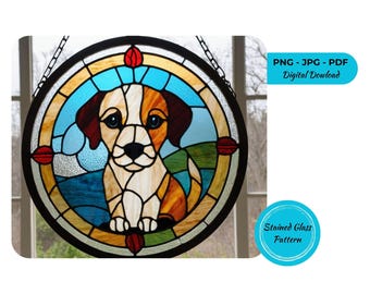 Gebrandschilderd glaspatroon hond Suncatcher: puppy raamdecoratie (digitale download)