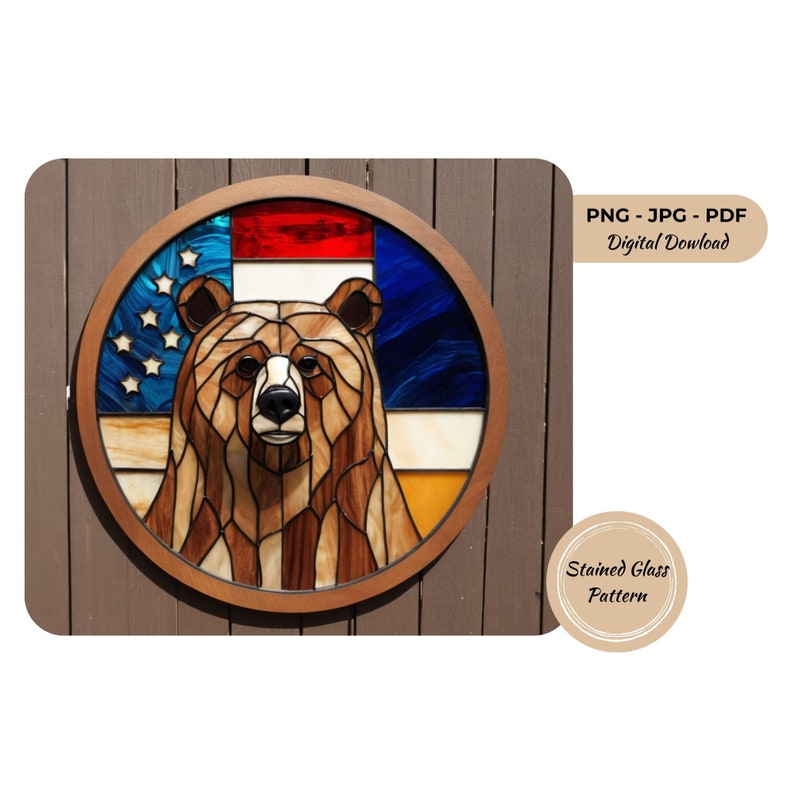 Bear American Flag Stained Glass Pattern: DIY Window Decor (digital