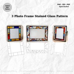 May include: Three photo frames with stained glass patterns. Each frame has a black border and a white interior. The stained glass designs feature various colors, including blue, yellow, orange, and red. The image also includes line drawings of the frame patterns.