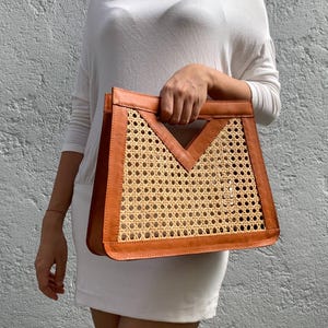 Handmade Rattan and Leather Top Handle Bag: Unique Shape Women Clutch
