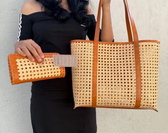 Handmade Rattan Cane & Leather Tote Bag with Wallet Set
