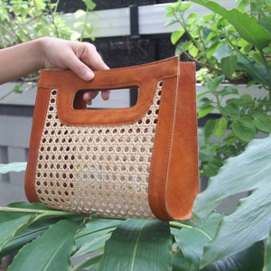 Handcrafted Leather Handbag with Rattan Cane Handmade Gift for Her Summer Style Bag